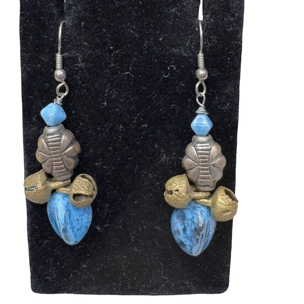 Vintage Boho Brass Sterling Silver Blue Gold Bead Drop Earrings Turquoise Glass